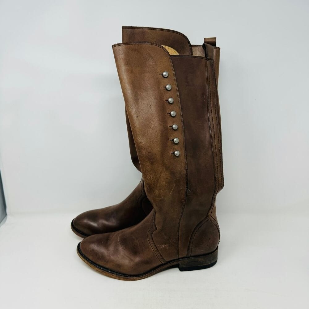 Women's Brown Leather Tall Ankle Boots with Stud Detail